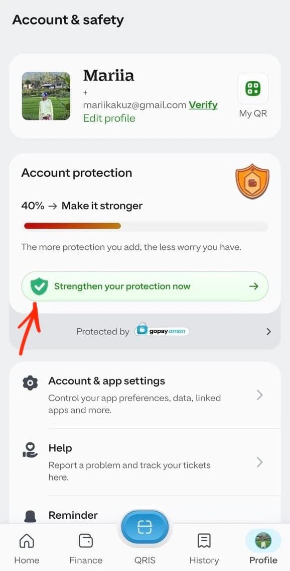 Профиль GoPay: блок Account protection, стрелкой отмечена галочка